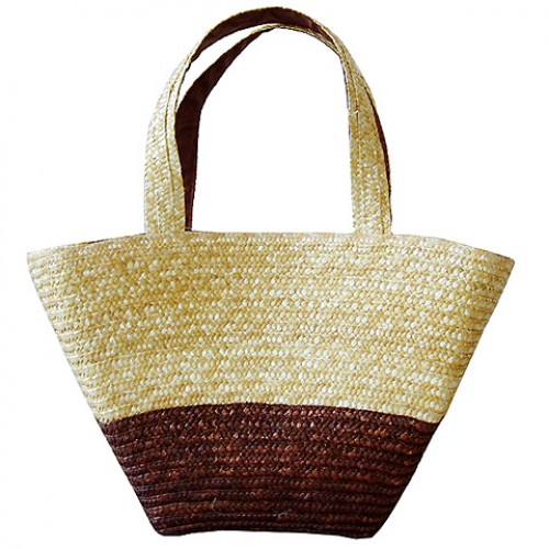 Straw Tote: Woven Wheat Straw Tote - 2 Tones - Brown - BG-R11052BN